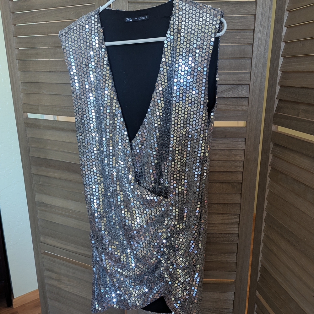 Zara Silver Sequin Sleeveless Dress, Size M